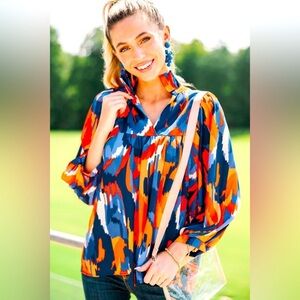Adrienne The Morgan Orange and Blue Abstract Blouse Size Large NWT